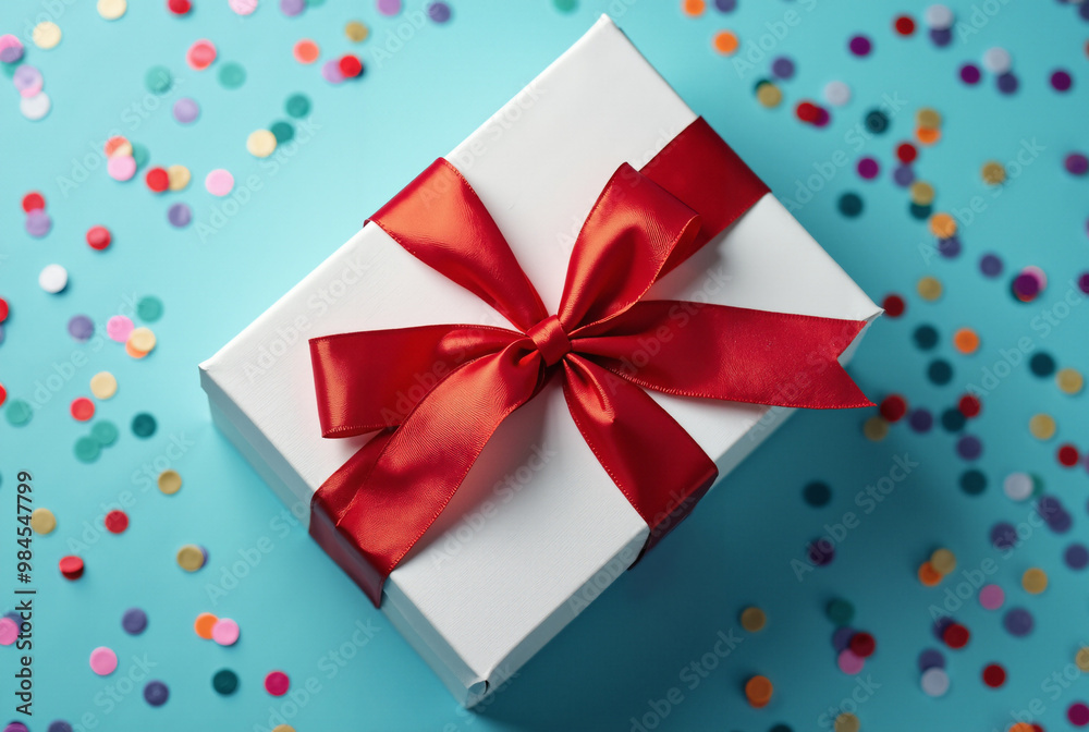 Elegant White Gift Box with Red Ribbon on Blue Background with Confetti: Perfect for Holiday Marketing Elegant White Gift Box with Red Ribbon on Blue Background with Confetti: Perfect for Holiday Marketing