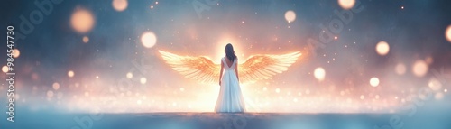 A serene angelic figure stands gracefully with luminous wings, surrounded by a dreamy, ethereal atmosphere of soft lights.