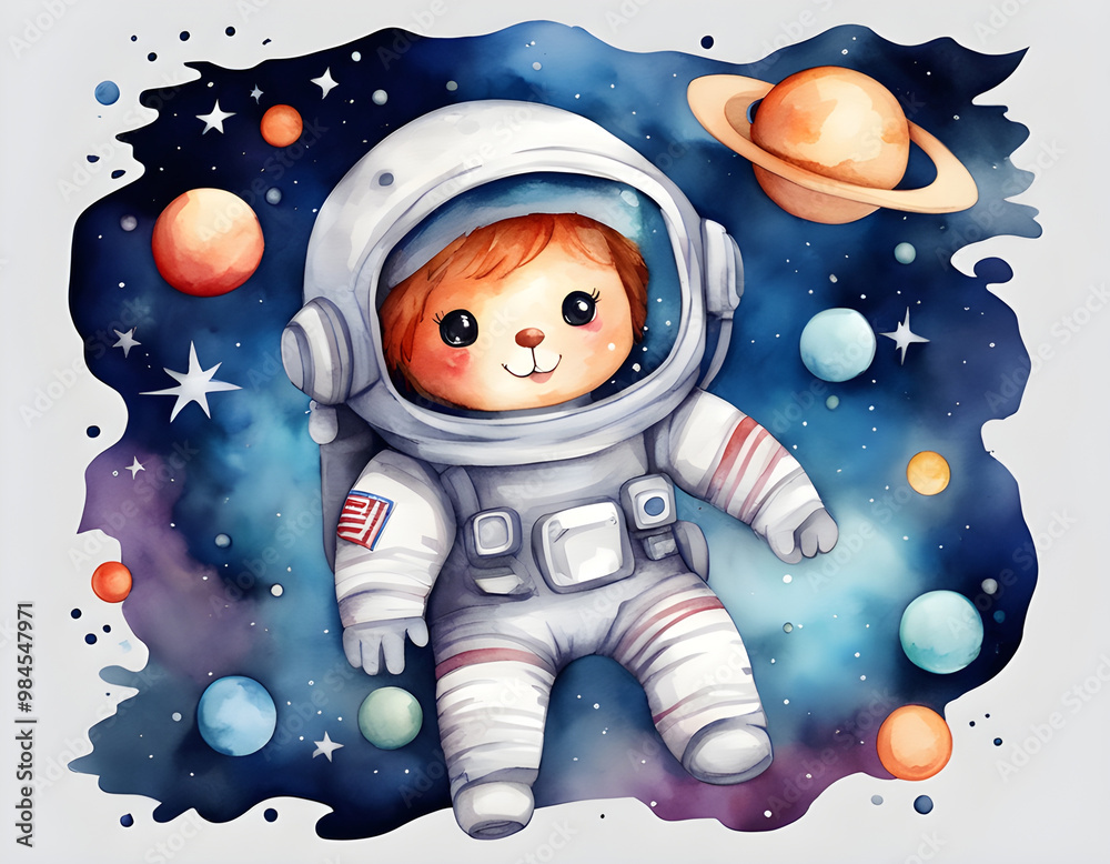 Watercolor Cute Astronaut In Outer Space Watercolor Cute Astronaut In Outer Space
