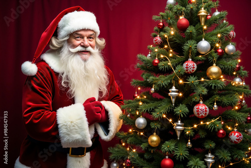 Festive Santa Claus Next to Decorated Christmas Tree: Perfect for Holiday Marketing and Seasonal Promotions photo