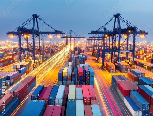 Aerial view of a bustling cargo port at night, showcasing colorful shipping containers and cranes under vibrant lights.
