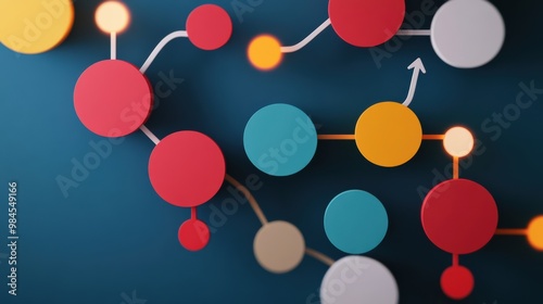 Flowchart of business ideas and action steps, abstractly represented with dynamic arrows and connections