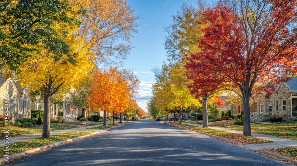 A picturesque, tree-lined street with colorful autumn foliage, leading towards charming, historic buildings and a clear blue sky. A picturesque, tree-lined street with colorful autumn foliage, leading towards charming, historic buildings and a clear blue sky.