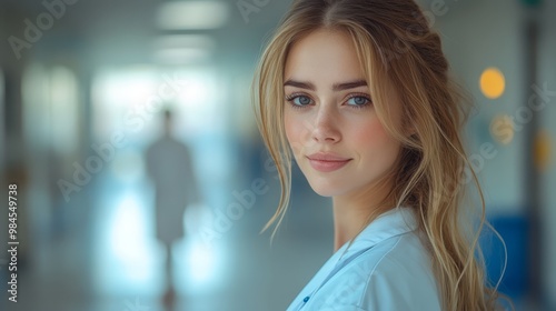 A 30-year-old woman in a white coat stands confidently in a hospital corridor, exuding professionalism and compassion in a busy healthcare environment