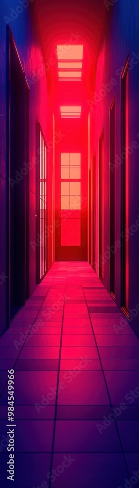 Fototapeta premium A vibrant, surreal hallway illuminated with red and blue lights, creating an intriguing atmosphere for various creative projects.
