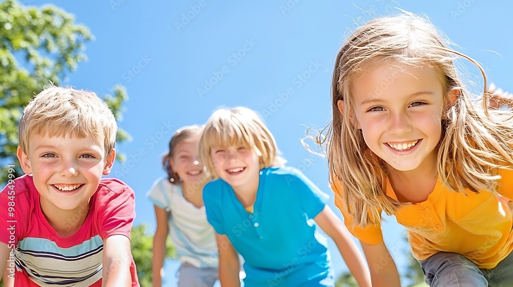 Fototapeta premium A joyful image of children playing tag under a clear blue sky, capturing movement and energy. Their happy expressions convey the freedom of childhood. The image is composition allows for ample copy