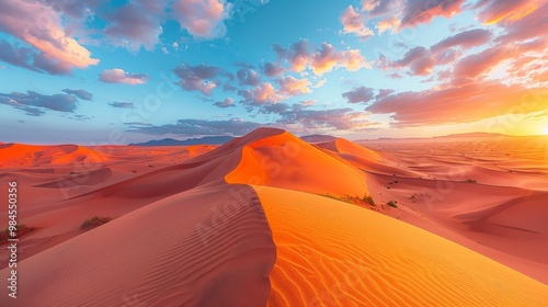 Sand dunes in the Sahara Desert at amazing sunrise, Merzouga, Morocco - Orange dunes in the desert of Morocco - Sahara desert,  photo