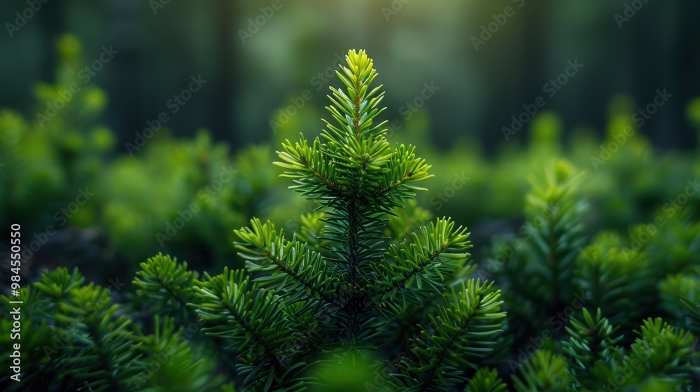 A beautifully focused close-up of a small, verdant evergreen plant with lush green needles thriving in the foreground of a forest setting A beautifully focused close-up of a small, verdant evergreen plant with lush green needles thriving in the foreground of a forest setting