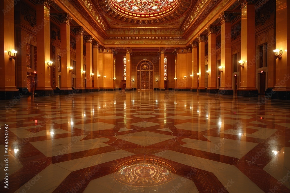 Obraz premium An exquisite grand hall showcasing ornate architectural details with a magnificent stained glass ceiling and beautifully reflective marble floors, capturing the essence of elegance and grandeur in