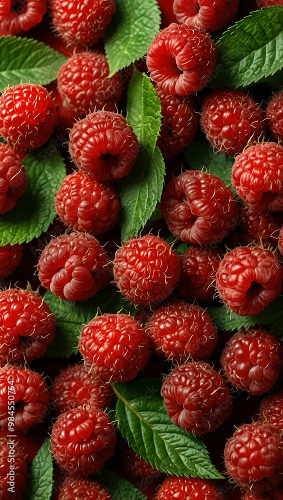 Fresh raspberries with green leaves on a red background. Fresh raspberries with green leaves on a red background.