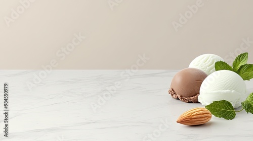 Three distinct scoops of ice cream, vanilla, chocolate, and green, sit elegantly on a table beside a single almond, all illuminated by gentle, soft light against a plain background photo