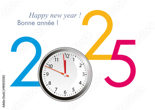 Carte de vœux 2025 avec un cadran de montre, lançant le compte à rebours pour le passage à la nouvelle année.