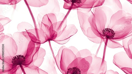 Watercolor seamless pattern featuring translucent peony flowers X ray effect Delicate print with pink blossoms