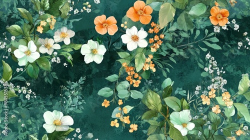 Fototapeta Naklejka Na Ścianę i Meble -  Seamless pattern featuring spring forest flowers including liverleaf and blossoms Mixed media design utilizing digital painting and watercolor textures Ideal for textiles wrapping paper or wallpape