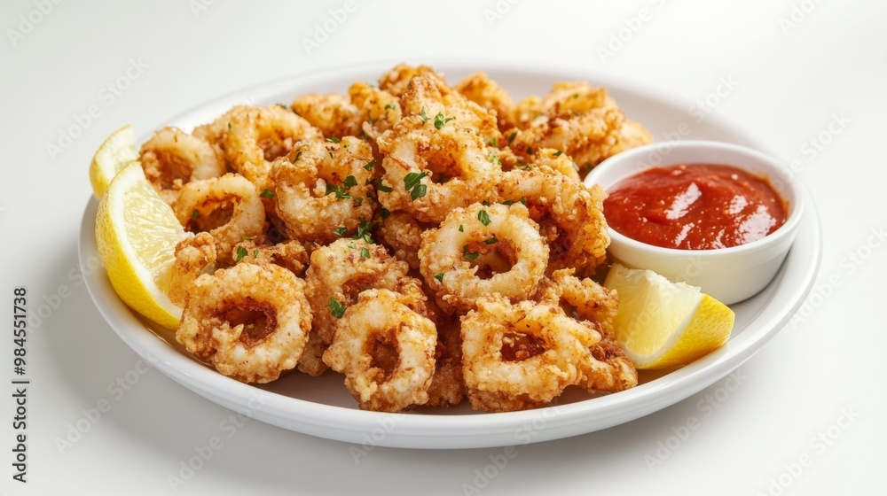A plate of crispy fried calamari with lemon wedges and marinara sauce, neatly arranged on a white plate against a plain white background. A plate of crispy fried calamari with lemon wedges and marinara sauce, neatly arranged on a white plate against a plain white background.