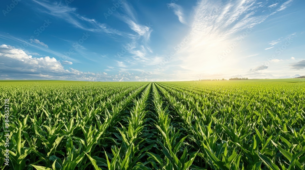 A field of corn is shown with a bright sun shining down on it A field of corn is shown with a bright sun shining down on it