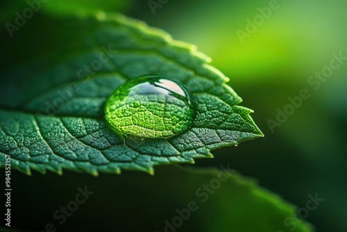 A single dewdrop sits on a green leaf, reflecting the sunlight.