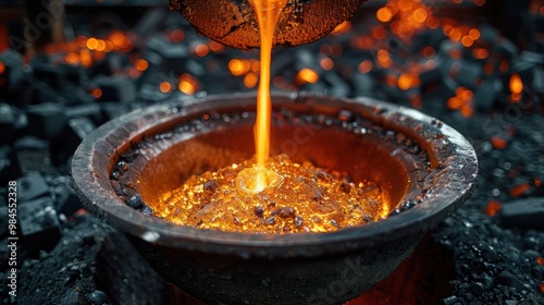 A close-up view of molten metal being poured into a forged metal crucible in an industrial foundry environment with glowing hot metal and sparks photo