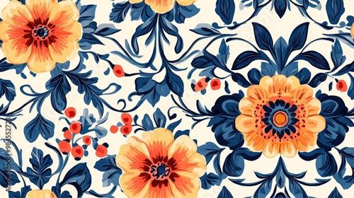 Seamless floral pattern with geometric ornamentation