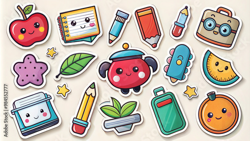 Colorful kawaii stickers with school and food items on light background