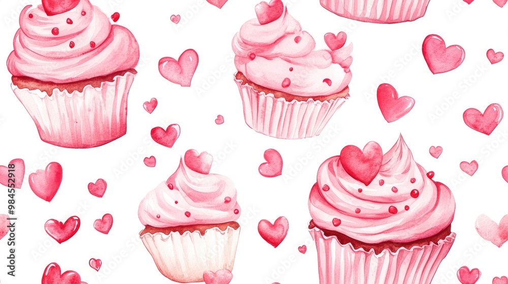 Hand drawn watercolor seamless pattern illustration featuring pink cupcakes and hearts swirls set against a white background Ideal for romantic themes in wallpaper wrapping textiles and celebratio