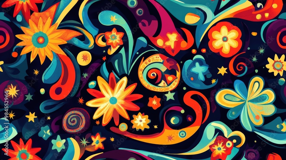 Abstract seamless pattern featuring a twisted psychedelic design with stars spirals flowers and decorative ornaments ideal for various fabrics prints or creative applications in vibrant colors Abstract seamless pattern featuring a twisted psychedelic design with stars spirals flowers and decorative ornaments ideal for various fabrics prints or creative applications in vibrant colors