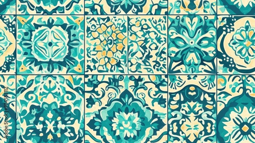 Turquoise seamless ethnic tile design featuring Portuguese azulejos Ikat pattern Italian majolica Mexican Puebla Talavera and Moroccan and Turkish floor tiles Tiled texture suitable for flooring