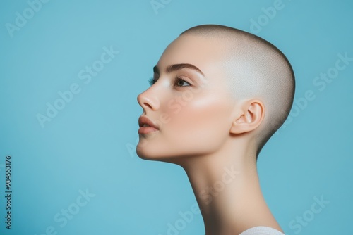  Studio headshot portrait of a beautiful young caucasian woman with shaved head against pastel blue background. Cancer survivor beauty portrait. Profile view. 