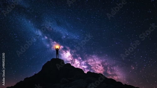 A silhouette of a person standing on a rock under a breathtaking night sky filled with stars and the vibrant Milky Way.