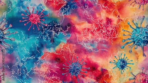 Ornamental virus or bacteria cells with vibrant neurographic lines set against an endless aquarelle background Richly detailed magic world map contours presented through repeated color ink illustra