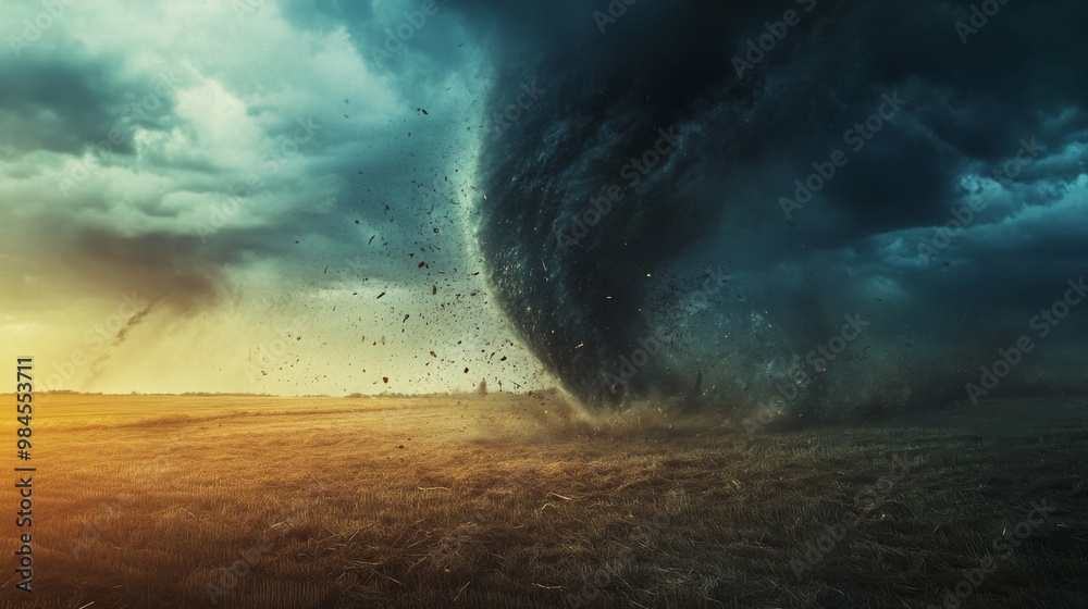 A powerful tornado touching down in a flat, open field, with dark ...