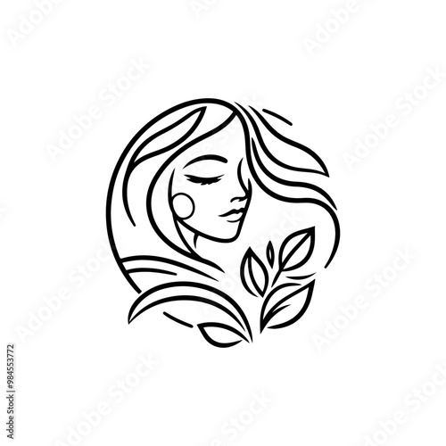 Natural beauty woman long hair logo for salon or cosmetic product with line art style. Line art floral women logo design. creative vintage editable vector floral girl illustration.