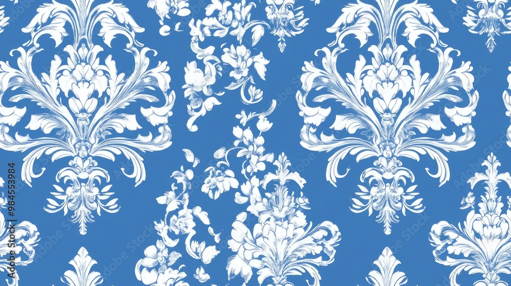 Ornate damask pattern background for wallpaper design in a Baroque style White motifs on a blue backdrop with intricate details Ornate damask pattern background for wallpaper design in a Baroque style White motifs on a blue backdrop with intricate details