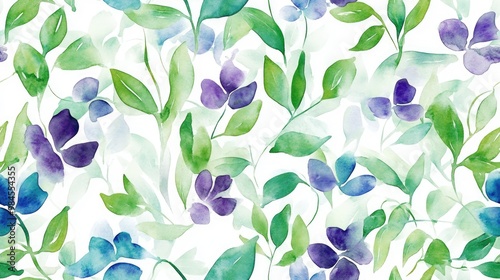 Raster illustration of wildflowers and leaves in green blue and violet colors Seamless background pattern Watercolor hand drawn design