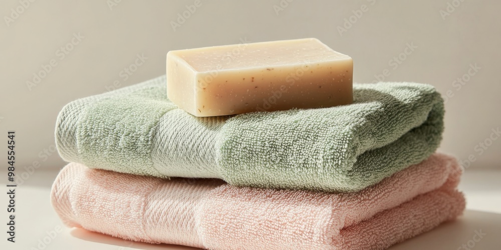 folded soft fluffy towels in pastel green and pink tones. On top lies a bar of natural soap folded soft fluffy towels in pastel green and pink tones. On top lies a bar of natural soap