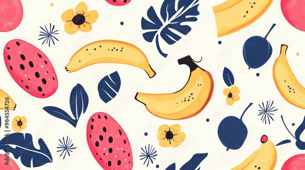 Seamless abstract cartoon pattern featuring summer fruits including bananas ideal for wrapping paper fabrics linens children s clothing and party accessories Seamless abstract cartoon pattern featuring summer fruits including bananas ideal for wrapping paper fabrics linens children s clothing and party accessories
