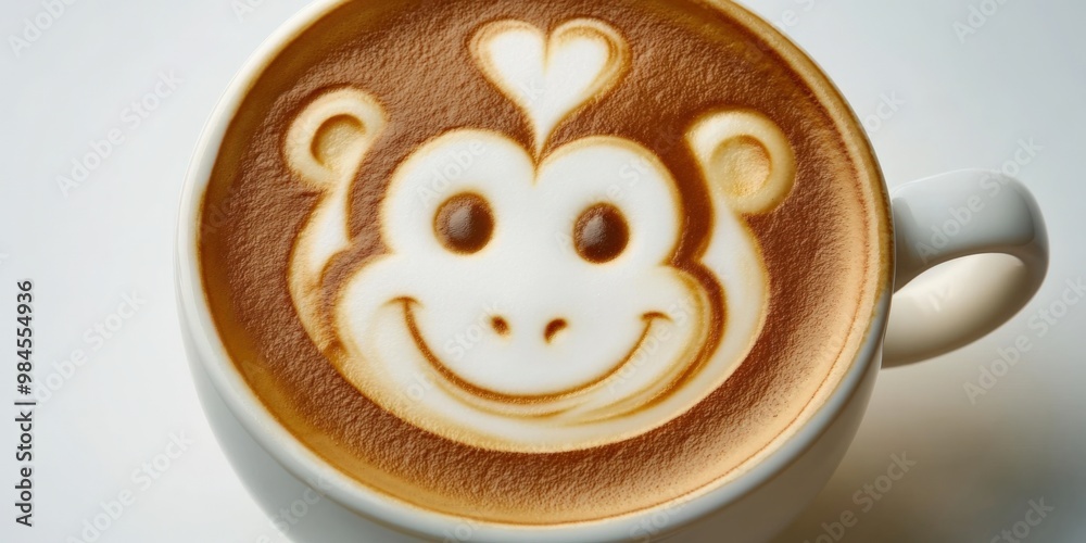 front view milk bubble monkey in latte art coffee, plain white background front view milk bubble monkey in latte art coffee, plain white background