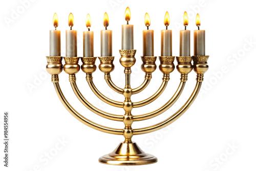 Golden menorah with nine lit candles for hanukkah celebration