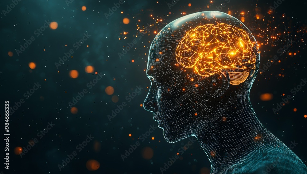 An angle of an active brain-computer interface displaying vivid patterns with an intent user looking on, creating a striking contrast against a dark background