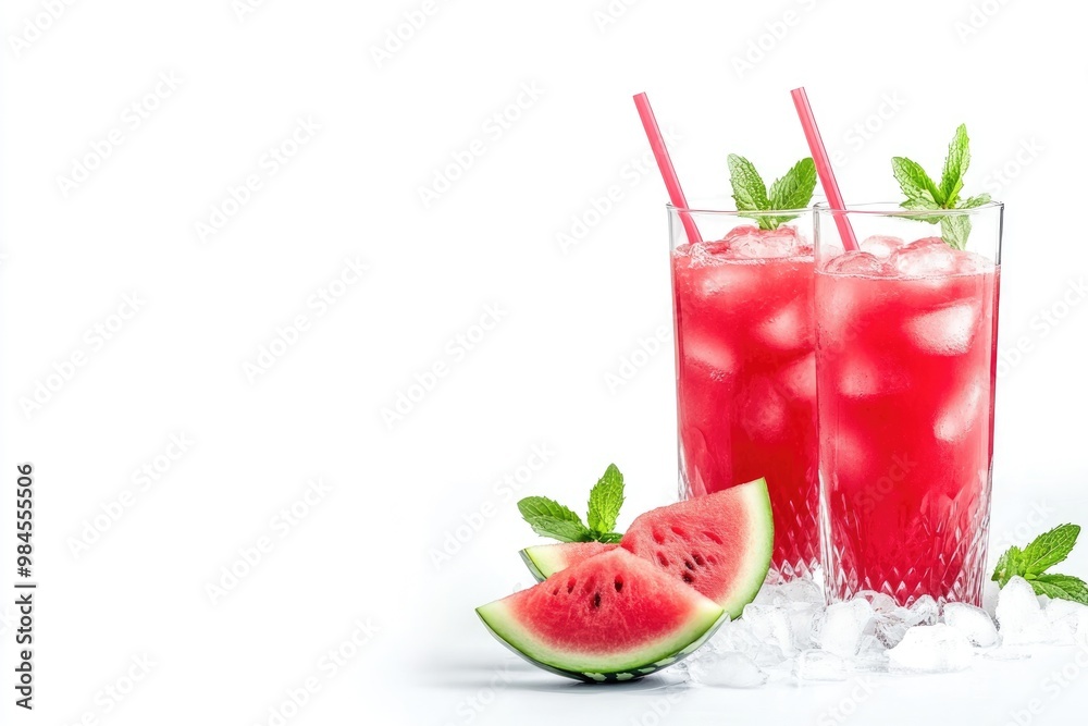 Summer watermelon mocktail with ice in two glasses on white background. Summer watermelon mocktail with ice in two glasses on white background.