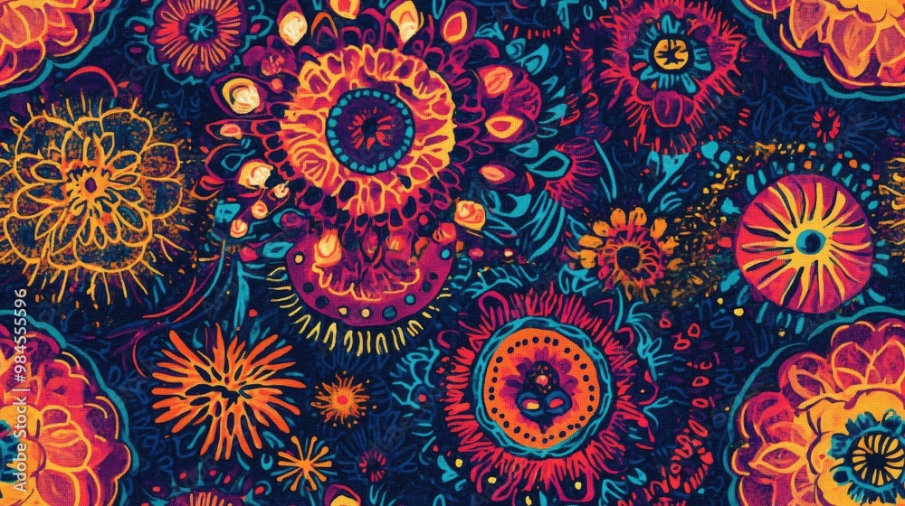Vibrant bohemian design on cotton fabric Vibrant bohemian design on cotton fabric