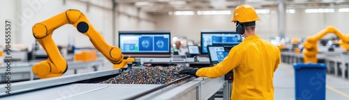 A worker oversees automated machinery in a modern industrial facility, showcasing advanced technology and efficiency. photo