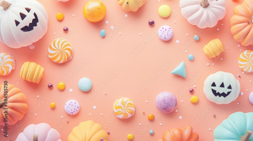A cute Halloween-themed illustration with pastel candies and pumpkins, offering a colorful, playful background with copy space for holiday greetings.