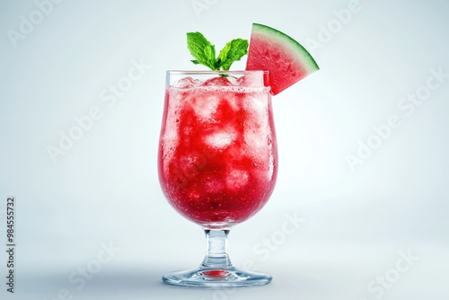 Glassware of fresh watermelon cocktail on white background