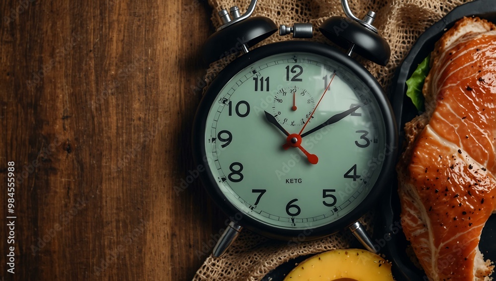 Intermittent fasting diet concept with 168-hour clock timer and keto meal. Intermittent fasting diet concept with 168-hour clock timer and keto meal.