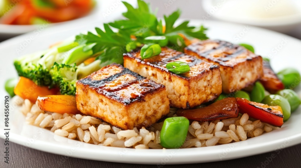 Grilled Salmon with Vegetables on Rice Plate Grilled Salmon with Vegetables on Rice Plate