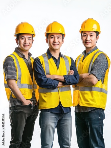 Three men wearing yellow vests and hard hats are posing for a picture