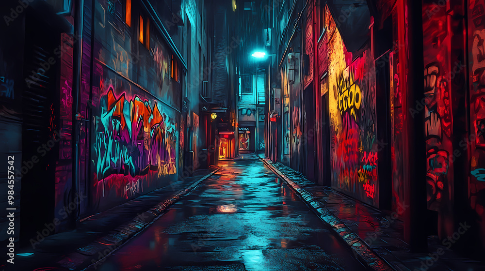 Naklejka premium A dark, atmospheric alleyway with colorful, mysterious graffiti covering the walls. Graffiti Alley. Illustration