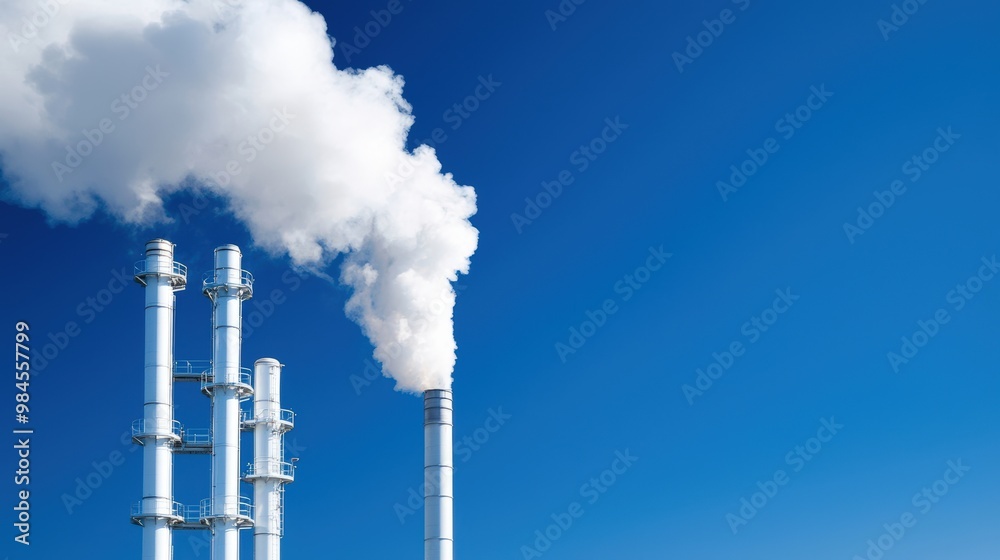 A large stack of smokestacks with a blue sky in the background A large stack of smokestacks with a blue sky in the background