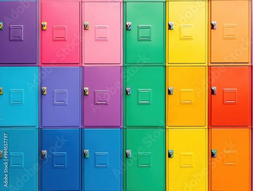 A vibrant array of colorful lockers arranged in a grid, showcasing a palette of bright colors and a playful design.